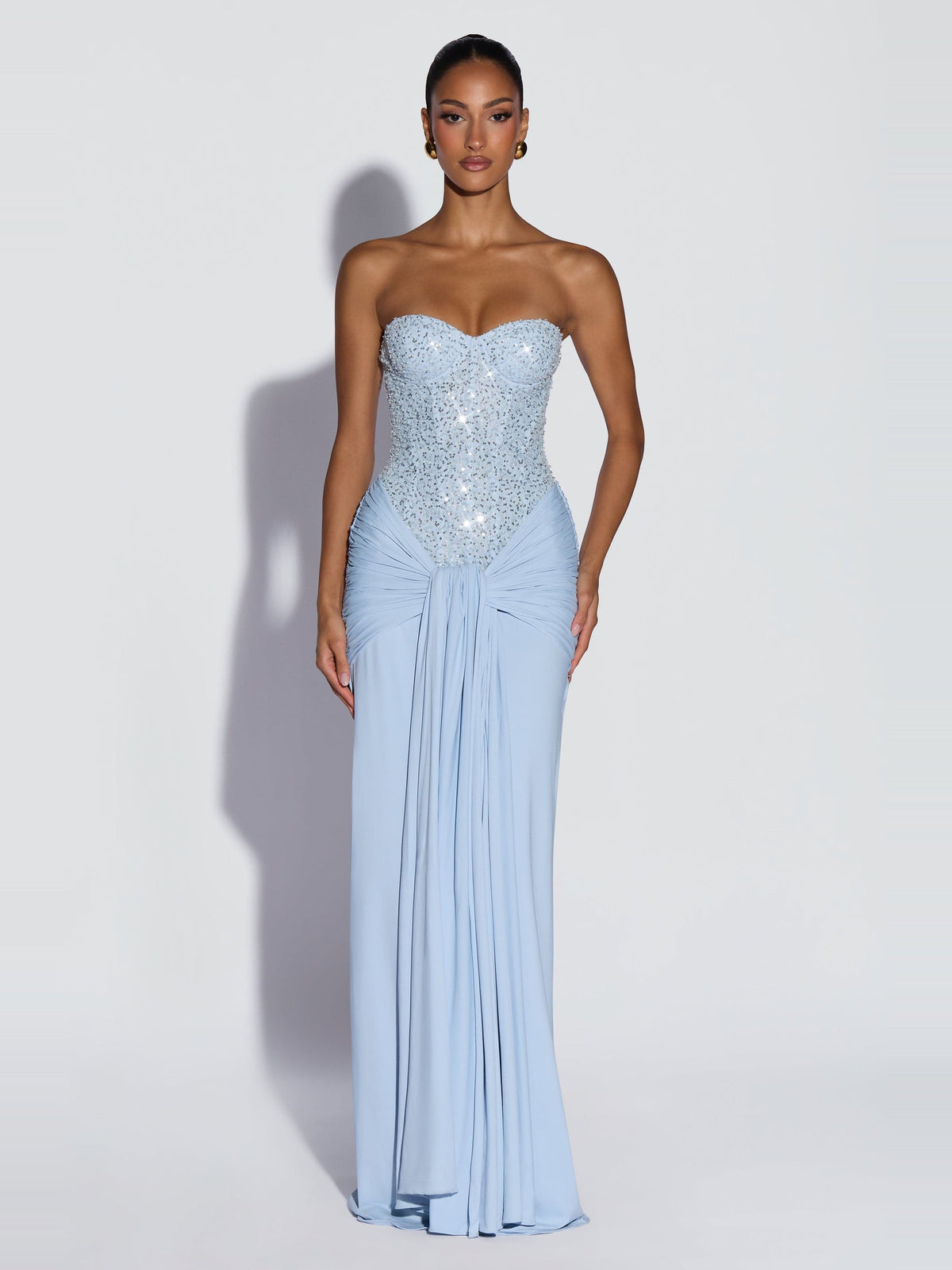 Carina Strapless Crystal Corset Maxi Dress in Ice Blue — Svelte Chic