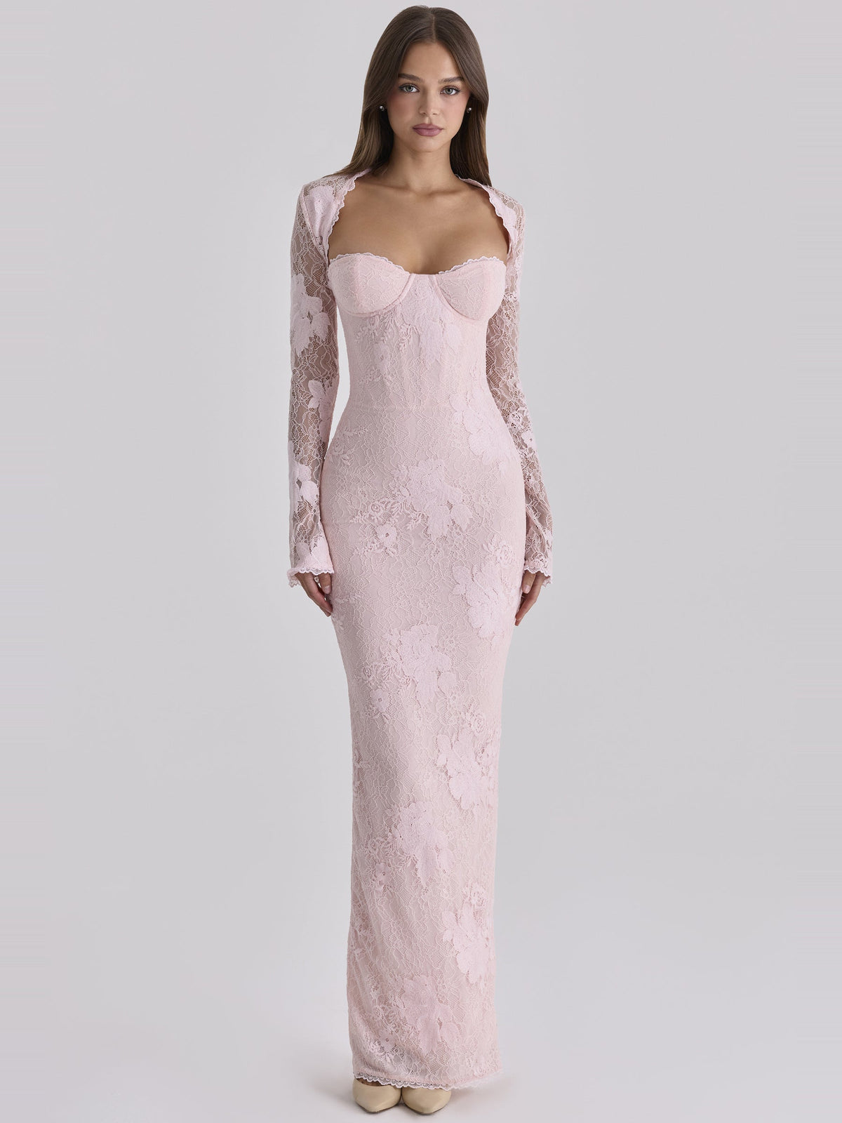 Lucienne Lace Corset Strapless Maxi Dress in Pink — Svelte Chic