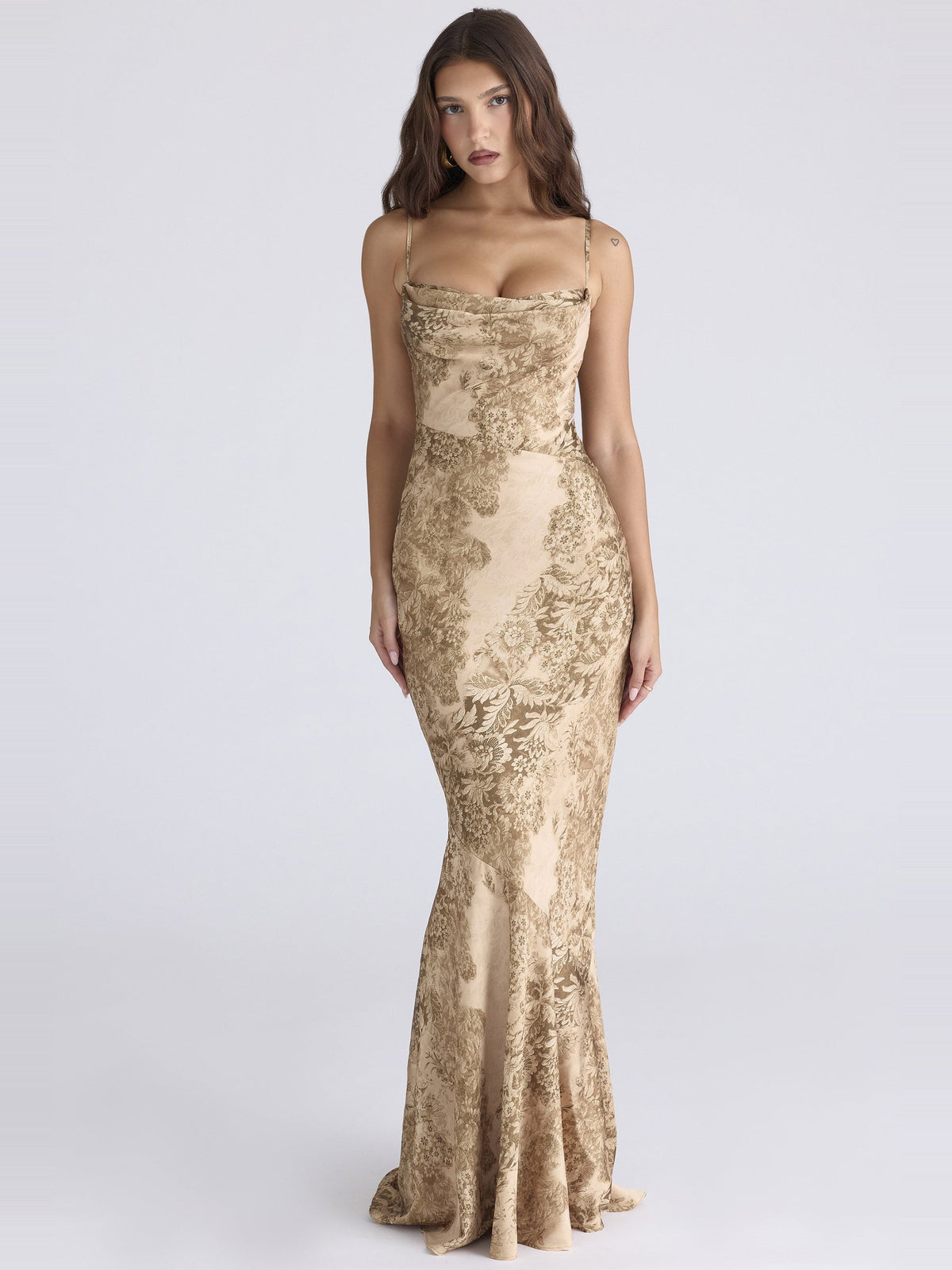 Nalani Printed Satin Strappy Fishtail Maxi Dress — Svelte Chic