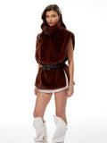 Pamela Belted High-Neck Faux Fur Vest - Brown — Svelte Chic