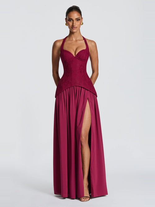 Almira Halter Lace Corset Maxi Dress with Slit — Svelte Chic