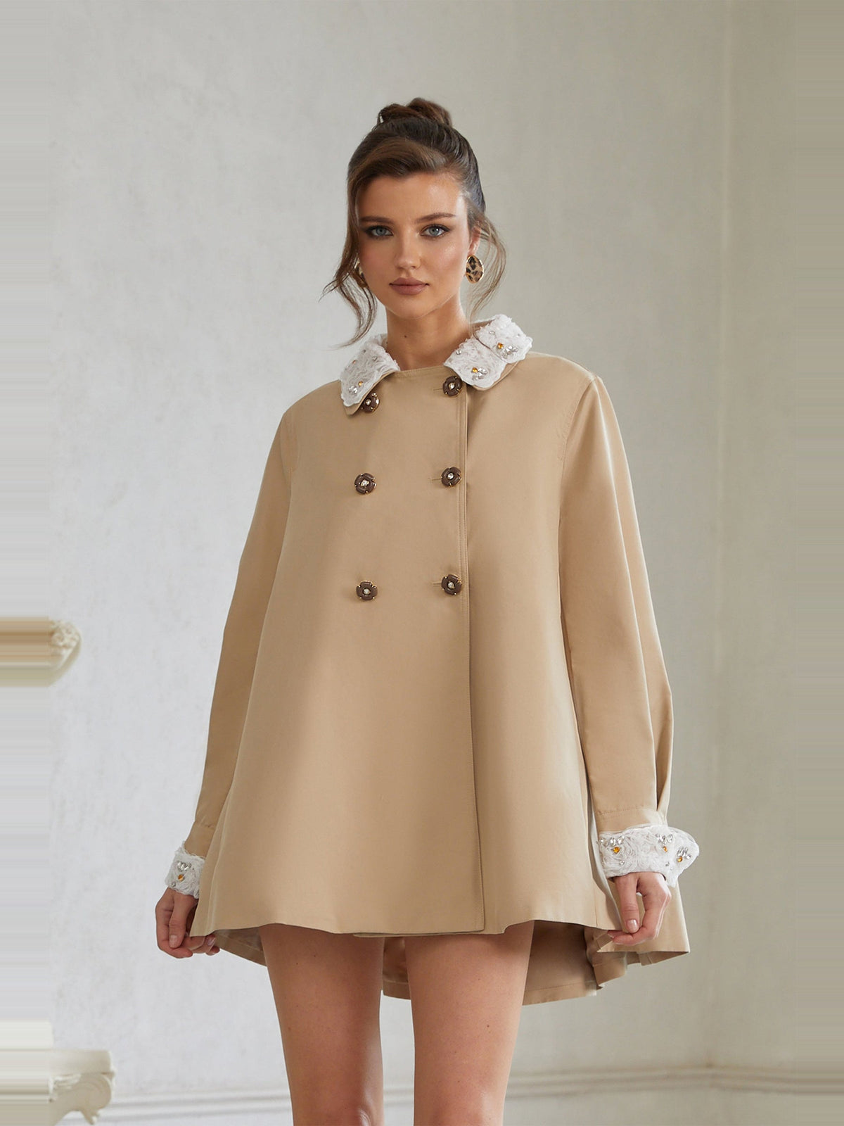 Marta Crystal Lace Trim Trench Coat — Svelte Chic