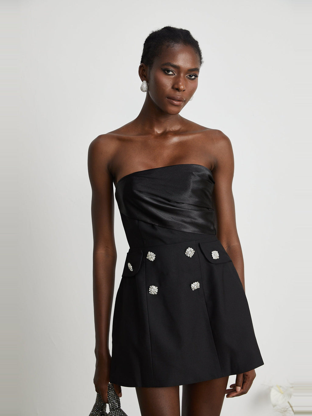 Mealla Off-Shoulder Crystal-Button Flared Mini Dress - Black — Svelte Chic