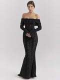 Belle Off Shoulder Floral Lace Maxi Dress in Black — Svelte Chic