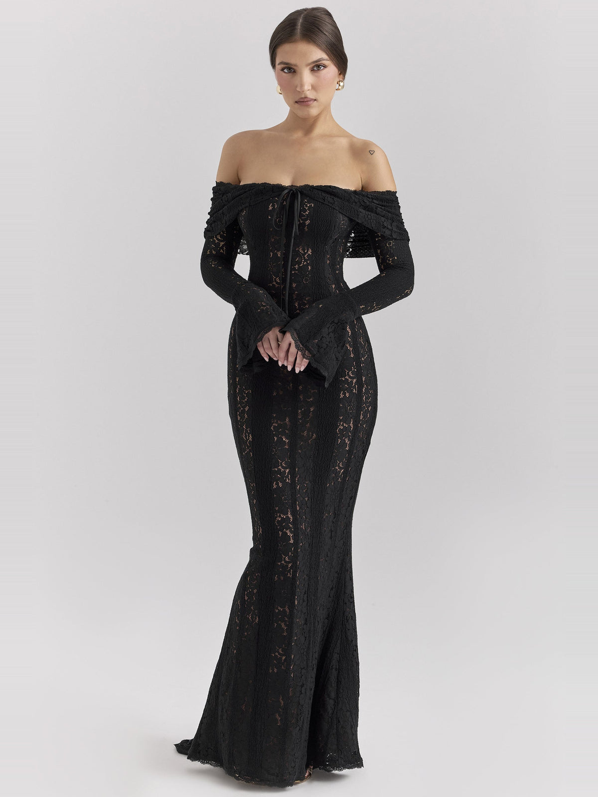Belle Off Shoulder Floral Lace Maxi Dress in Black — Svelte Chic