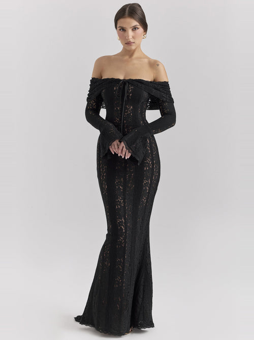 Belle Off Shoulder Floral Lace Maxi Dress in Black — Svelte Chic
