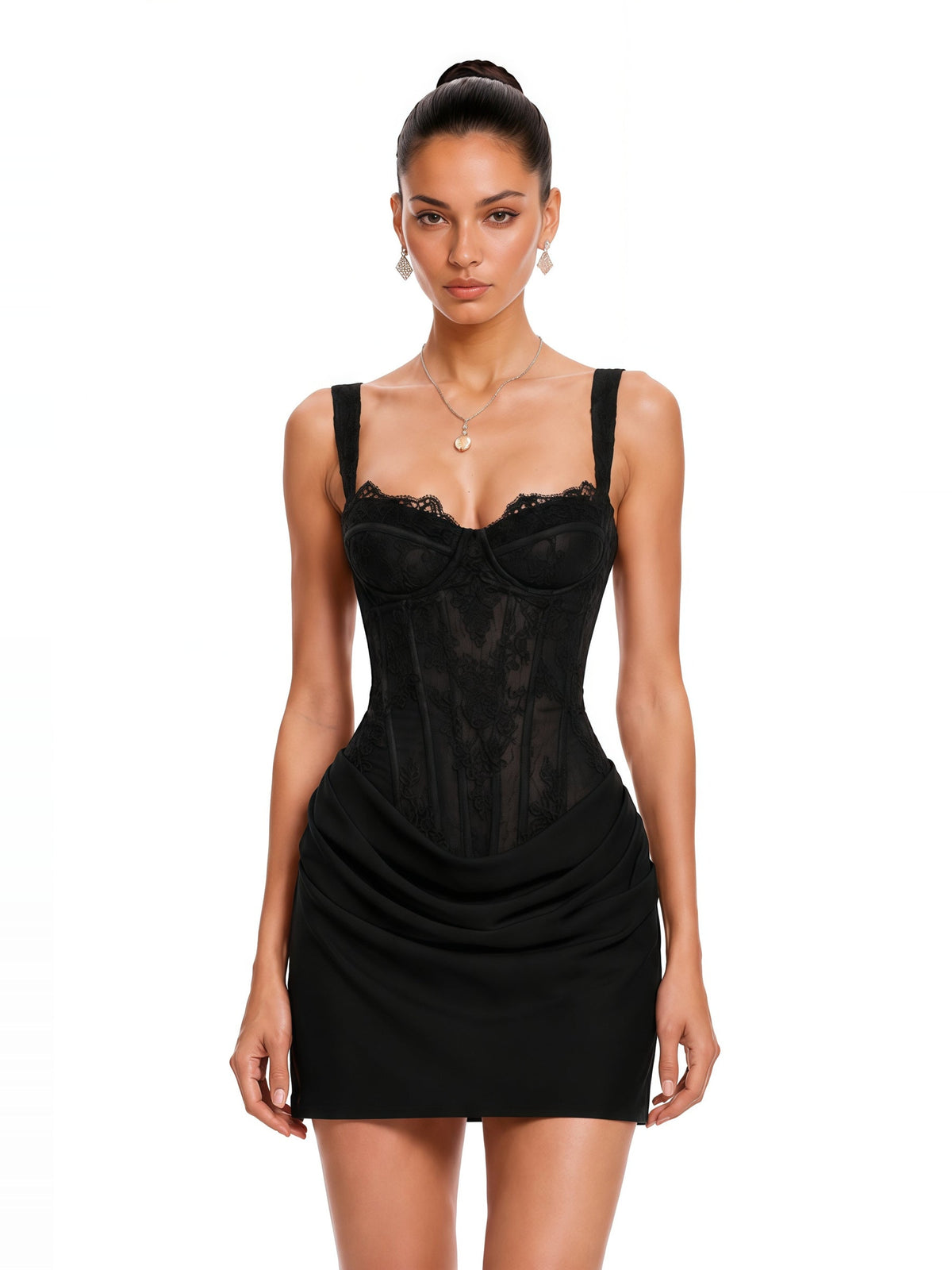 Cassandra Lace Corset Draped Mini Dress - Black — Svelte Chic