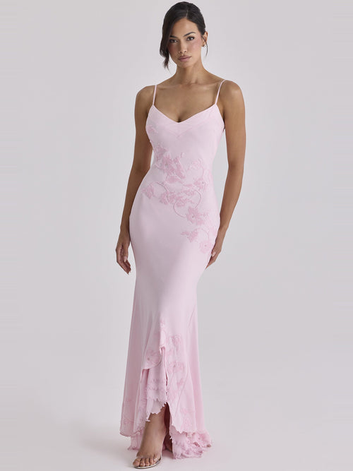 Anastelle Hand Beaded Satin Maxi Dress — Svelte Chic