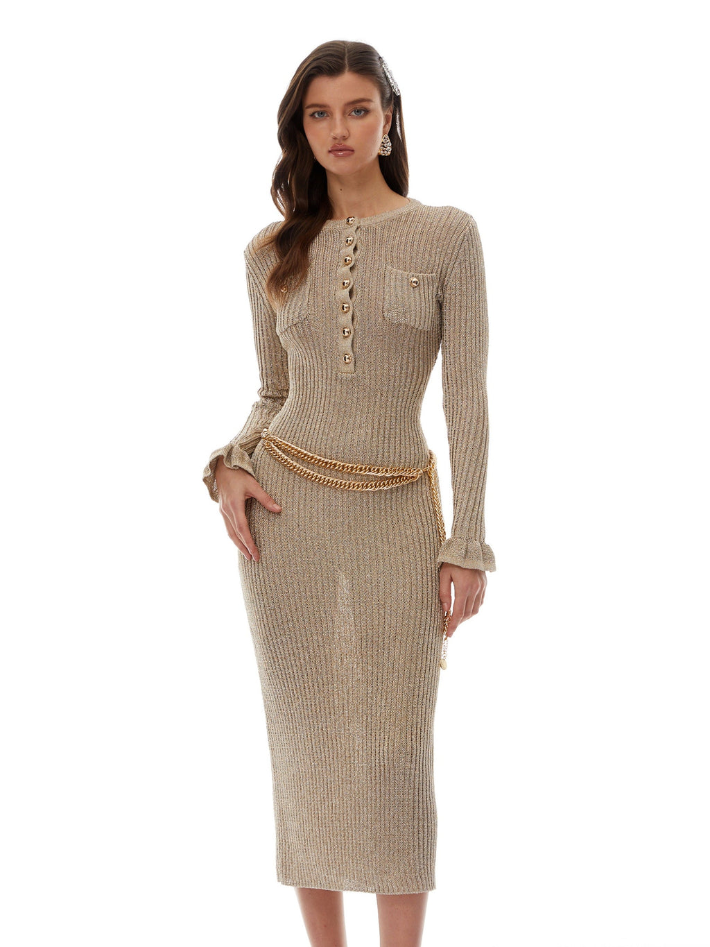Steinunn Chain-Belt Button-Front Ribbed Knit Midi Dress - Gold — Svelte Chic
