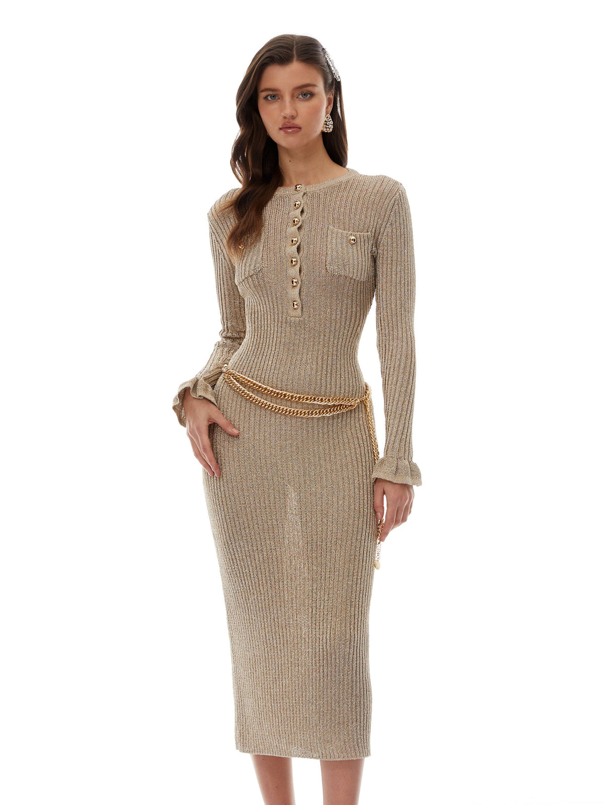 Steinunn Chain-Belt Button-Front Ribbed Knit Midi Dress - Gold — Svelte Chic