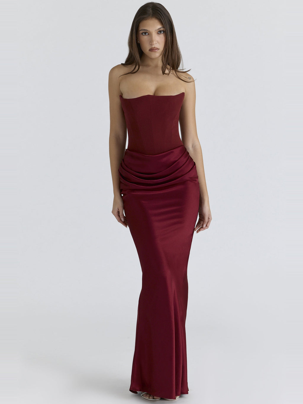 Persephone Strapless Corset Draped Maxi Dress in Burgundy — Svelte Chic