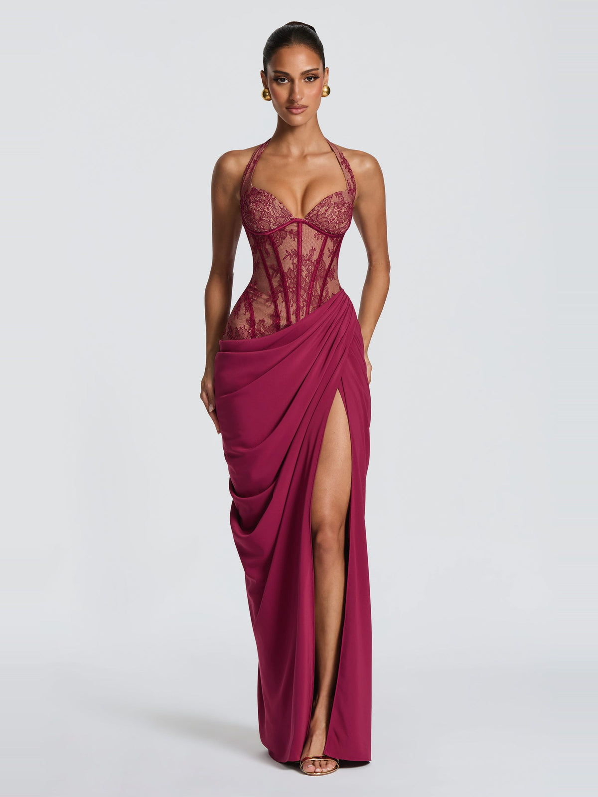 Bonita Halter Floral Lace Corset Maxi Dress with Slit — Svelte Chic