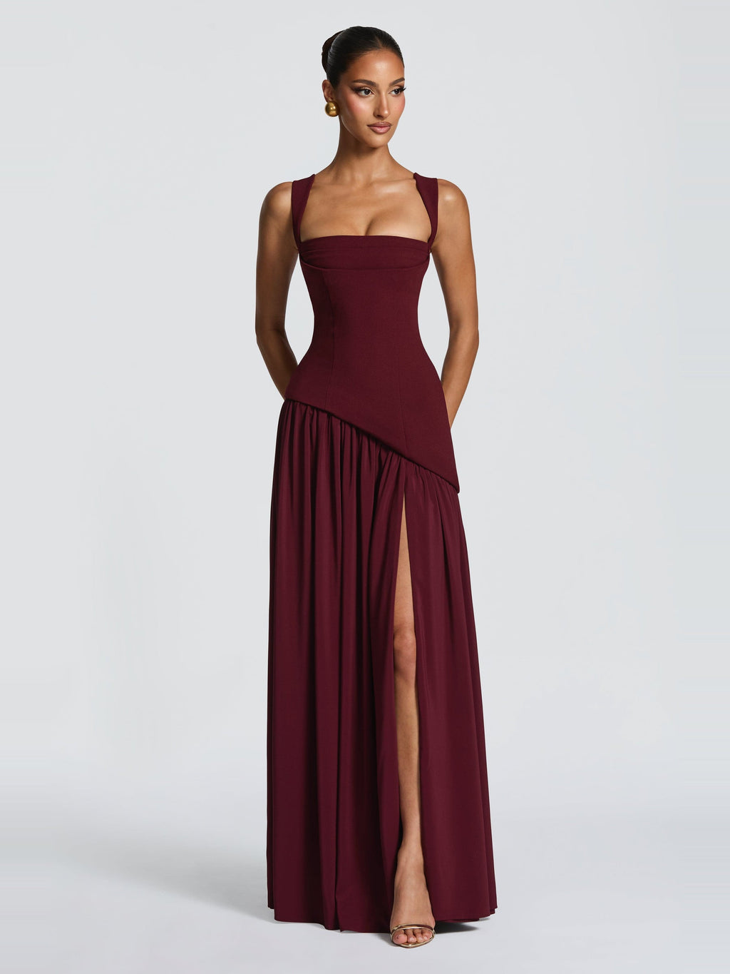 Tullulah Square Neck Corset Maxi Dress with Slit in Cherry — Svelte Chic