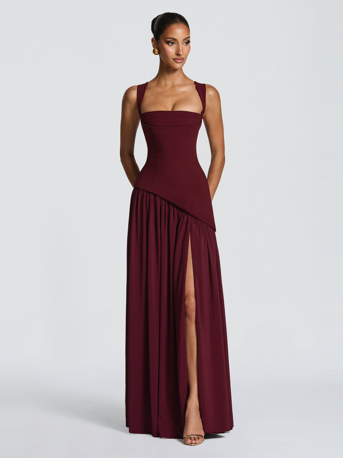 Tullulah Square Neck Corset Maxi Dress with Slit in Cherry — Svelte Chic