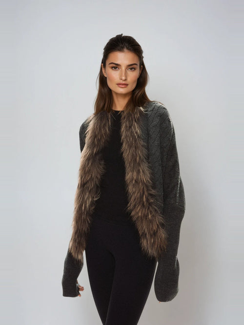 Deianeira Faux Fur Trimmed Knit Jacket - Anthracite — Svelte Chic