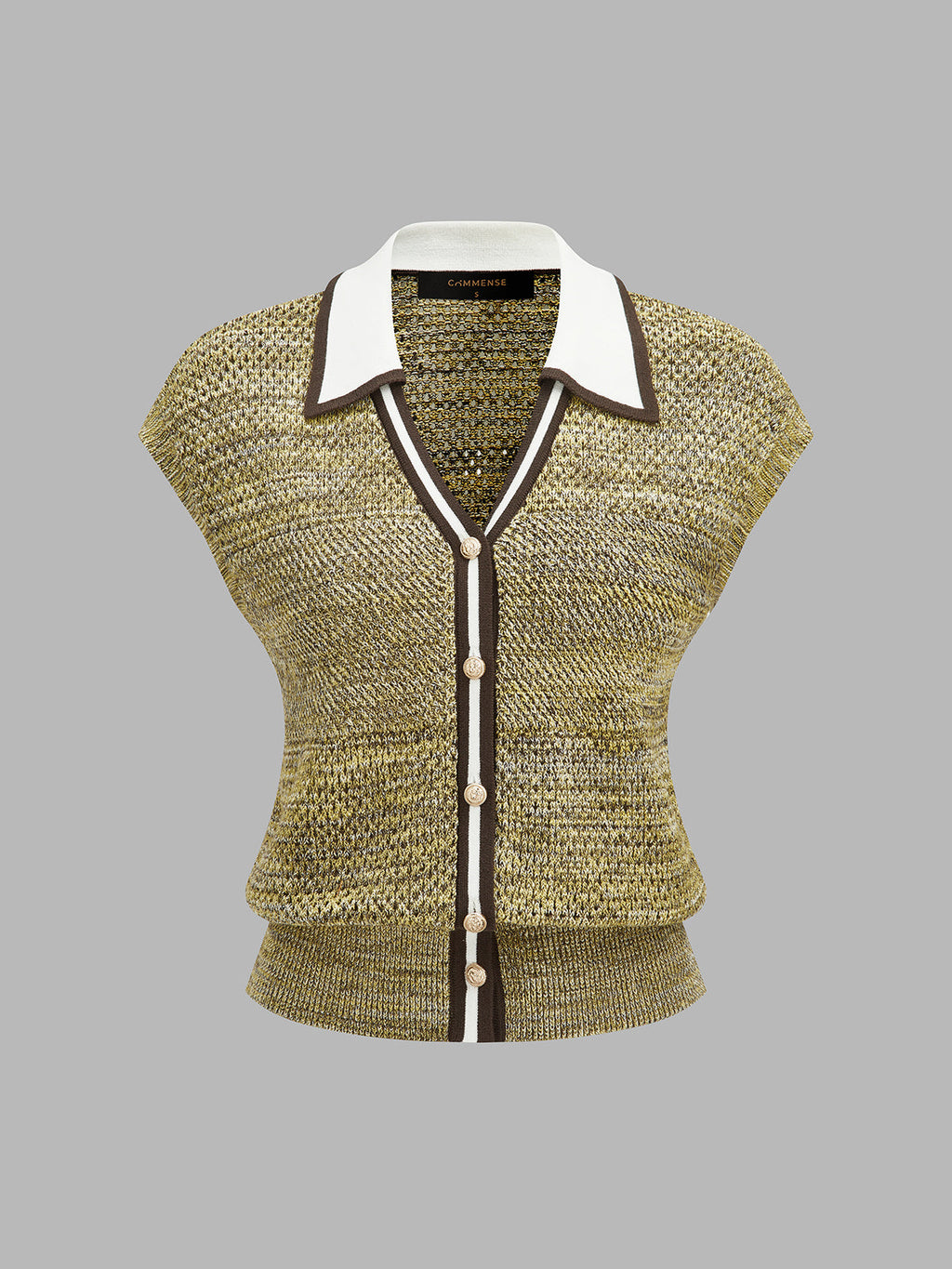 Contrast Trim Collared Textured Knit Top - Khaki — Svelte Chic