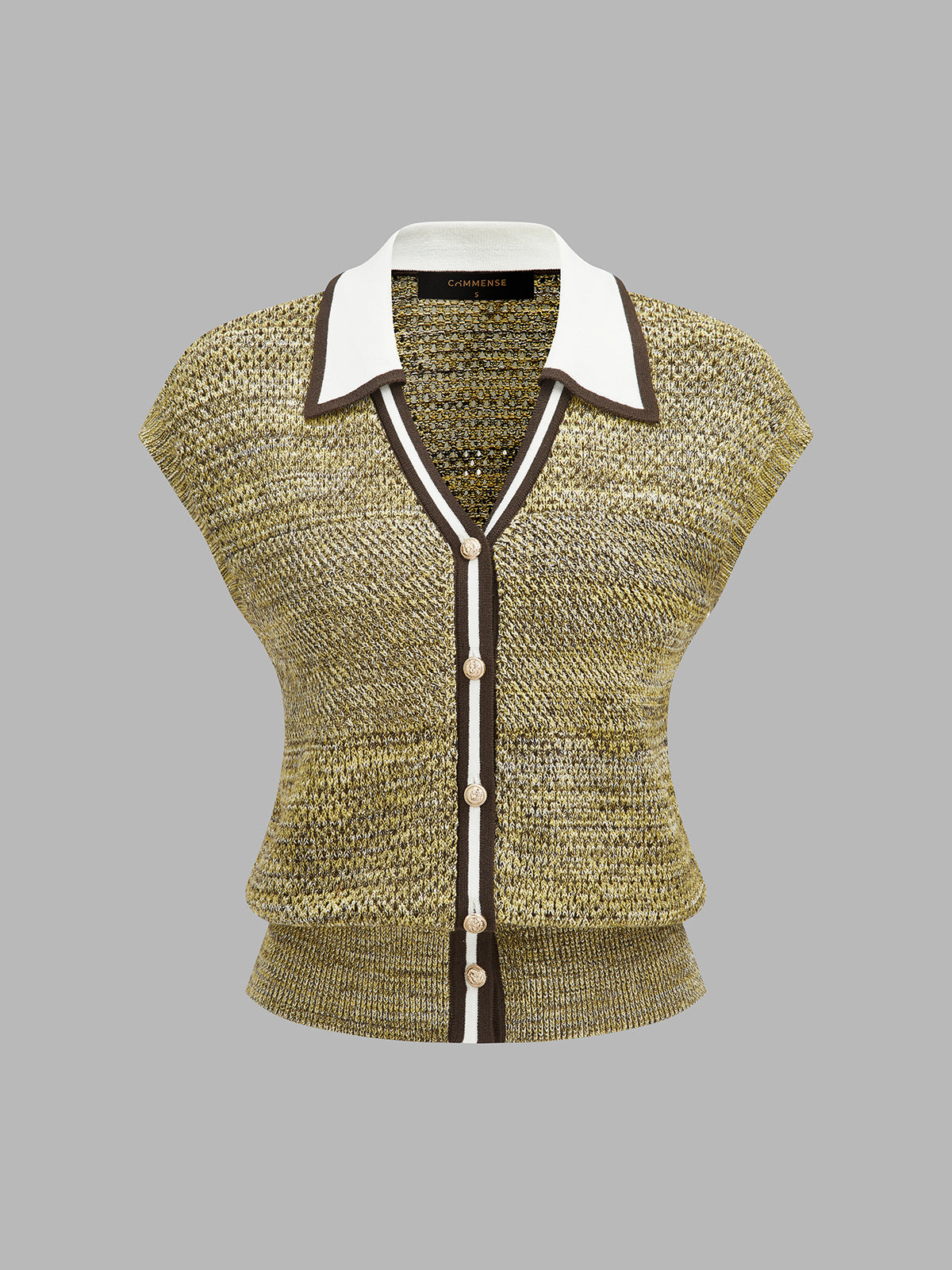 Contrast Trim Collared Textured Knit Top - Khaki — Svelte Chic