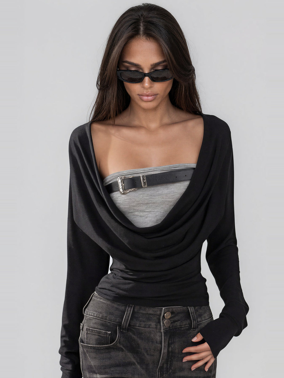 Kester Cowl Neck Buckle Long Sleeve Top - Black — Svelte Chic