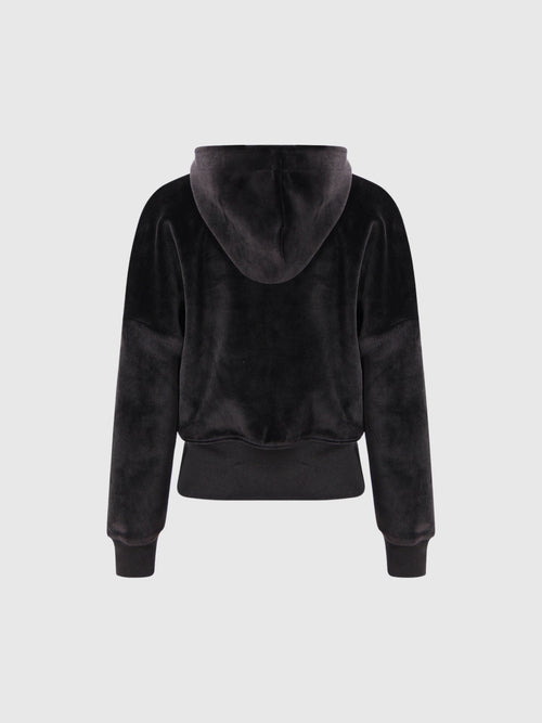 Ailpein Zip Front Hooded Velvet Top - Black — Svelte Chic