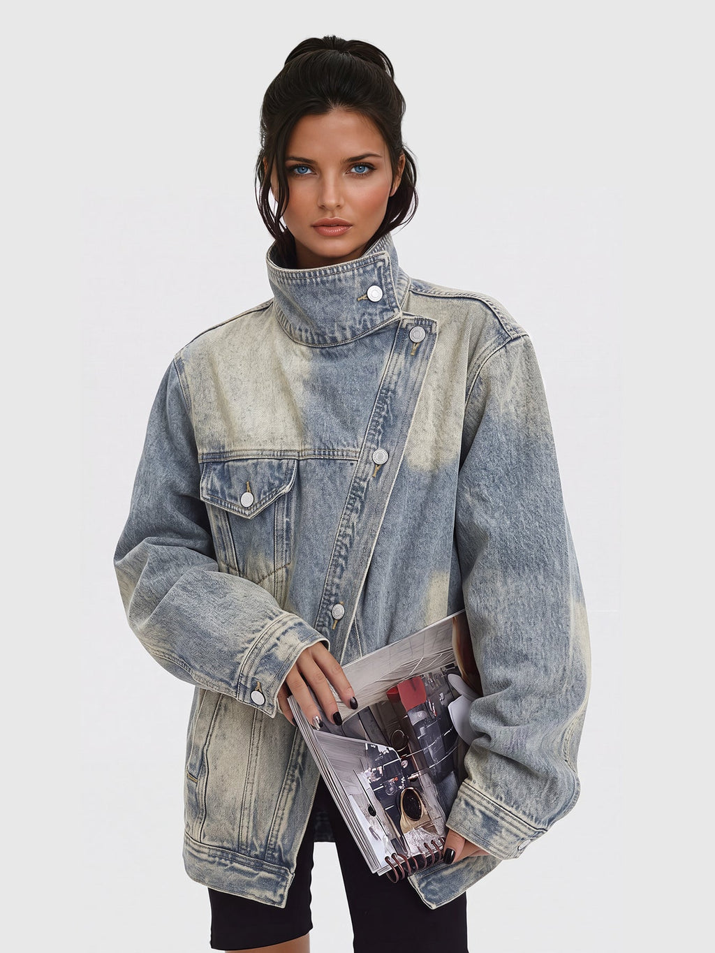 Aegle Stand Collar Asymmetric Oversized Denim Jacket - Light Blue — Svelte Chic
