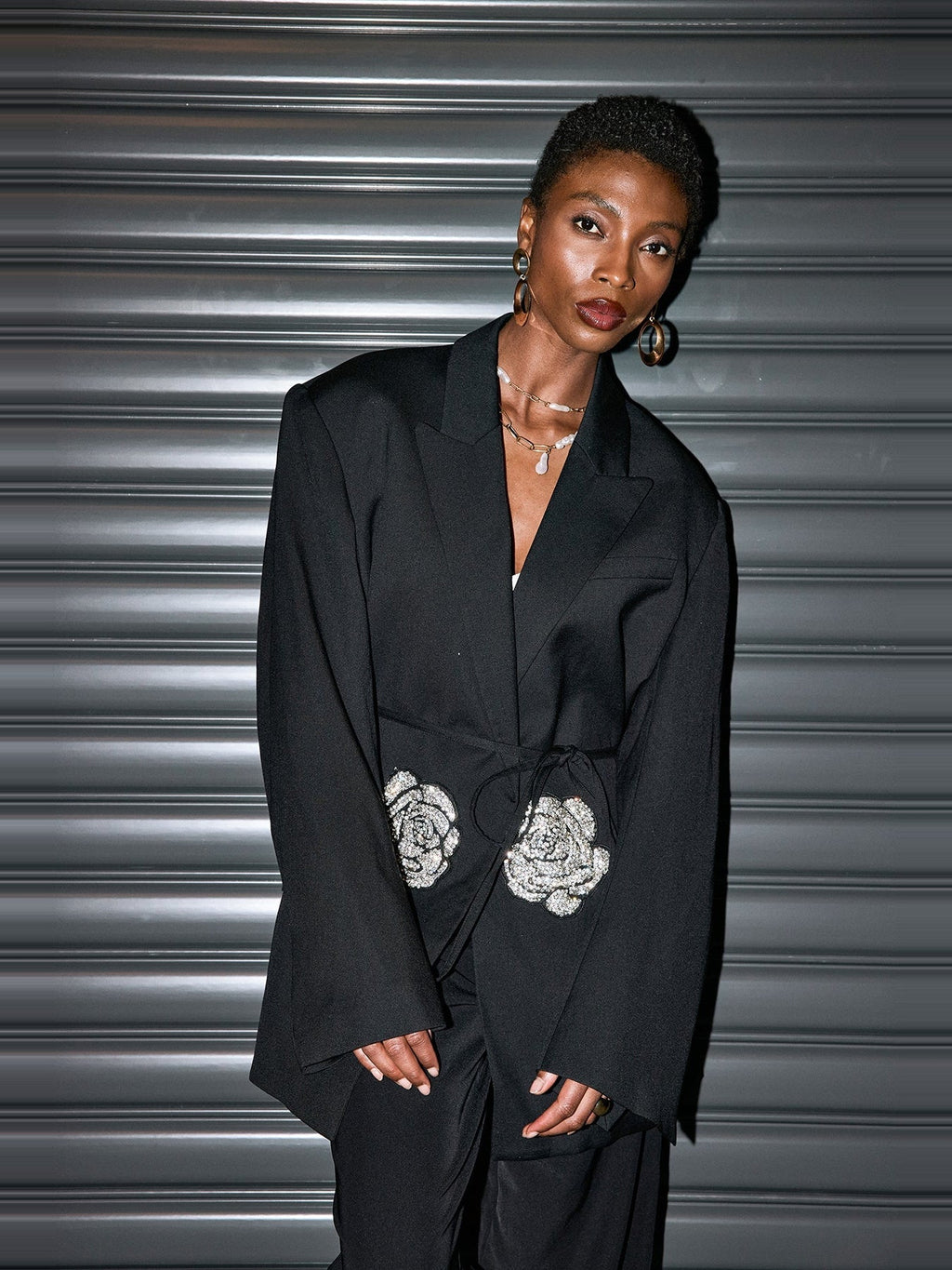 Jiya Crystal-Embellished Belted Oversized Blazer - Black — Svelte Chic