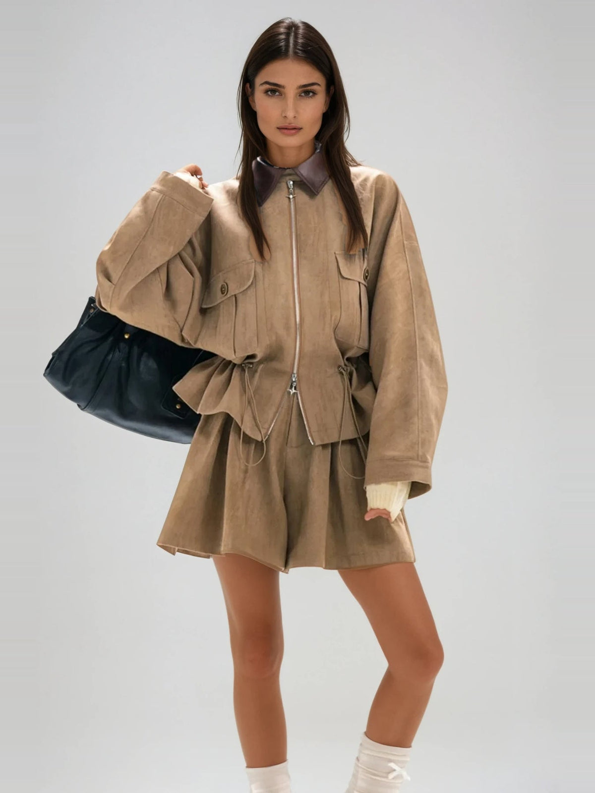 Aravinda Drawstring Suede-Touch Jacket and Shorts Set - Camel — Svelte Chic