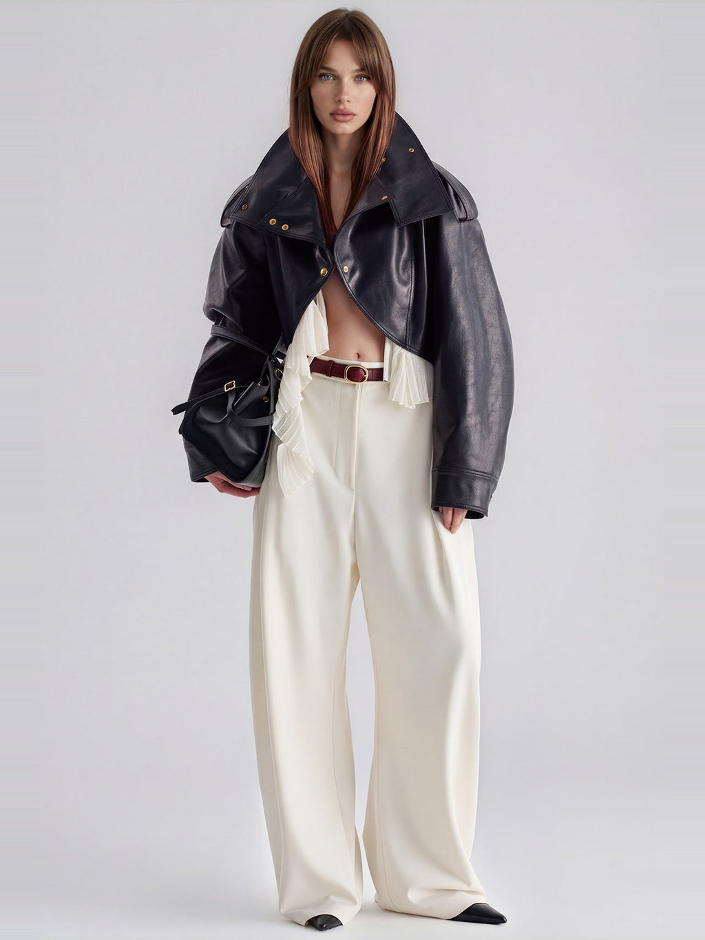 Kimi High Neck Ruffle Leather-Look Cropped Jacket - Black — Svelte Chic