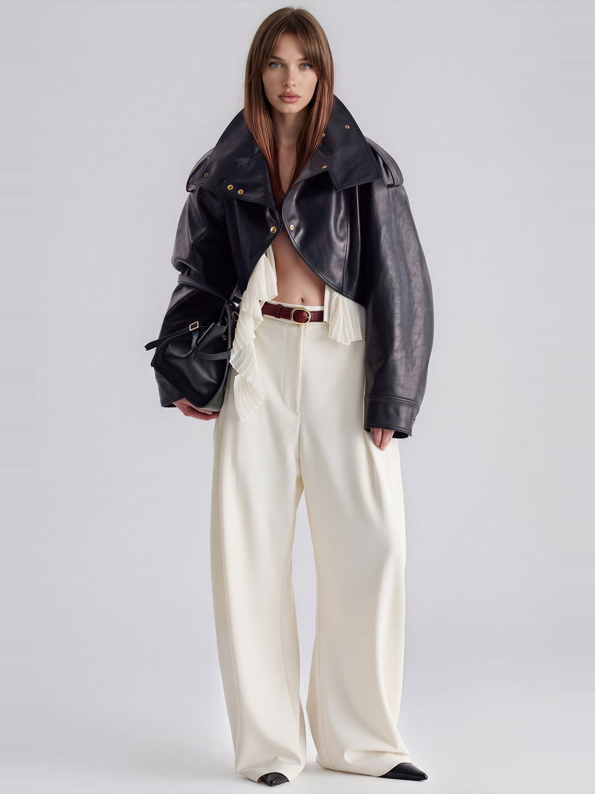 Kimi High Neck Ruffle Leather-Look Cropped Jacket - Black — Svelte Chic