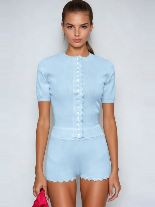 Damon Short-Sleeve Buttoned Knit Shorts Set - Baby Blue — Svelte Chic