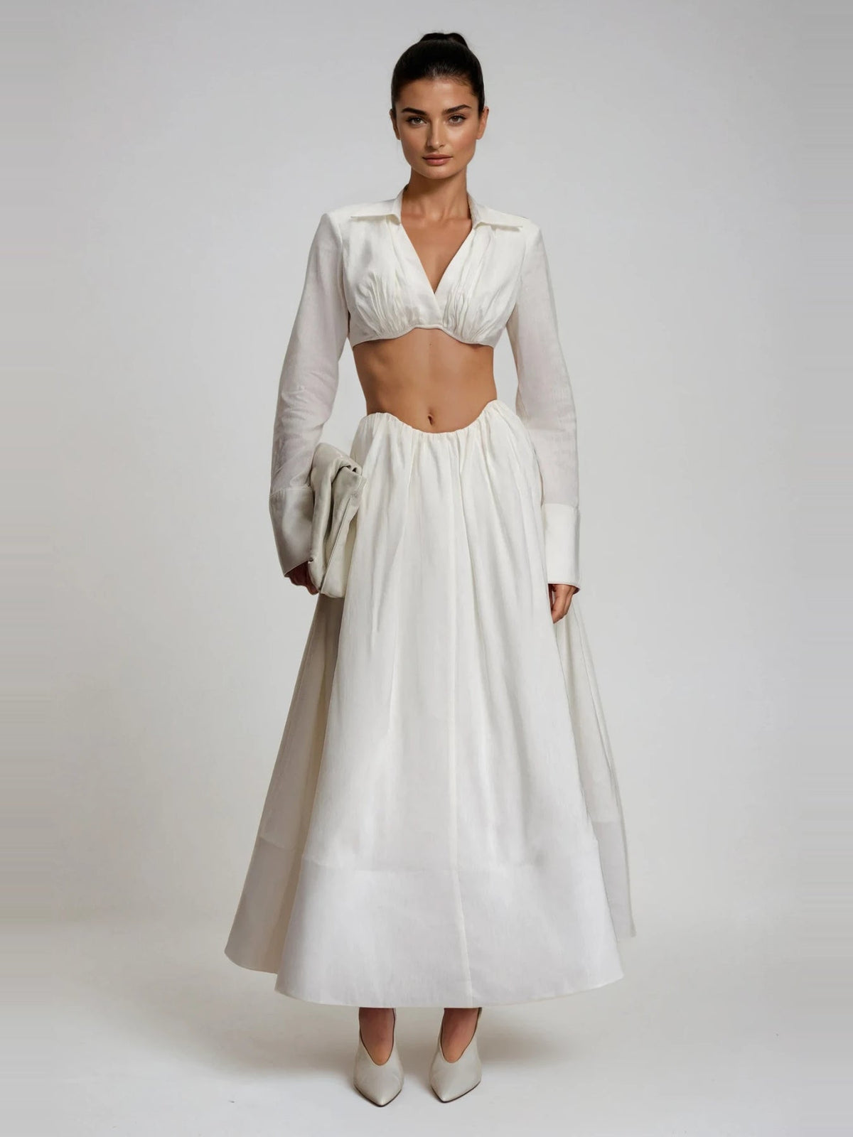 Diklah Collared Crop Top and Flared Midi Skirt Set - White — Svelte Chic
