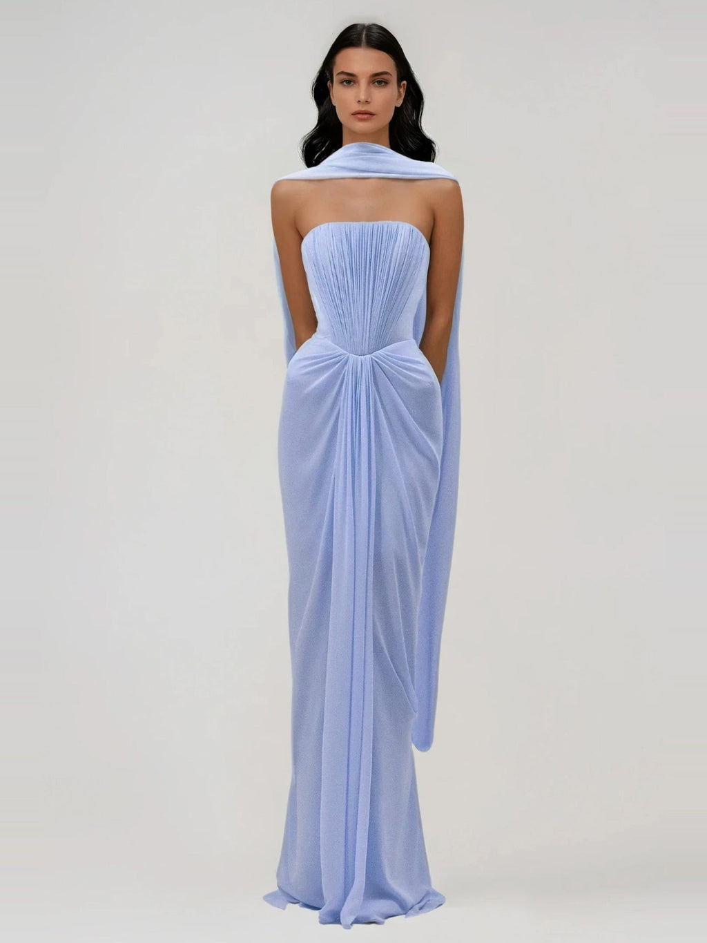 Giosetta Strapless Mesh Shawl Draped Maxi Dress — Svelte Chic