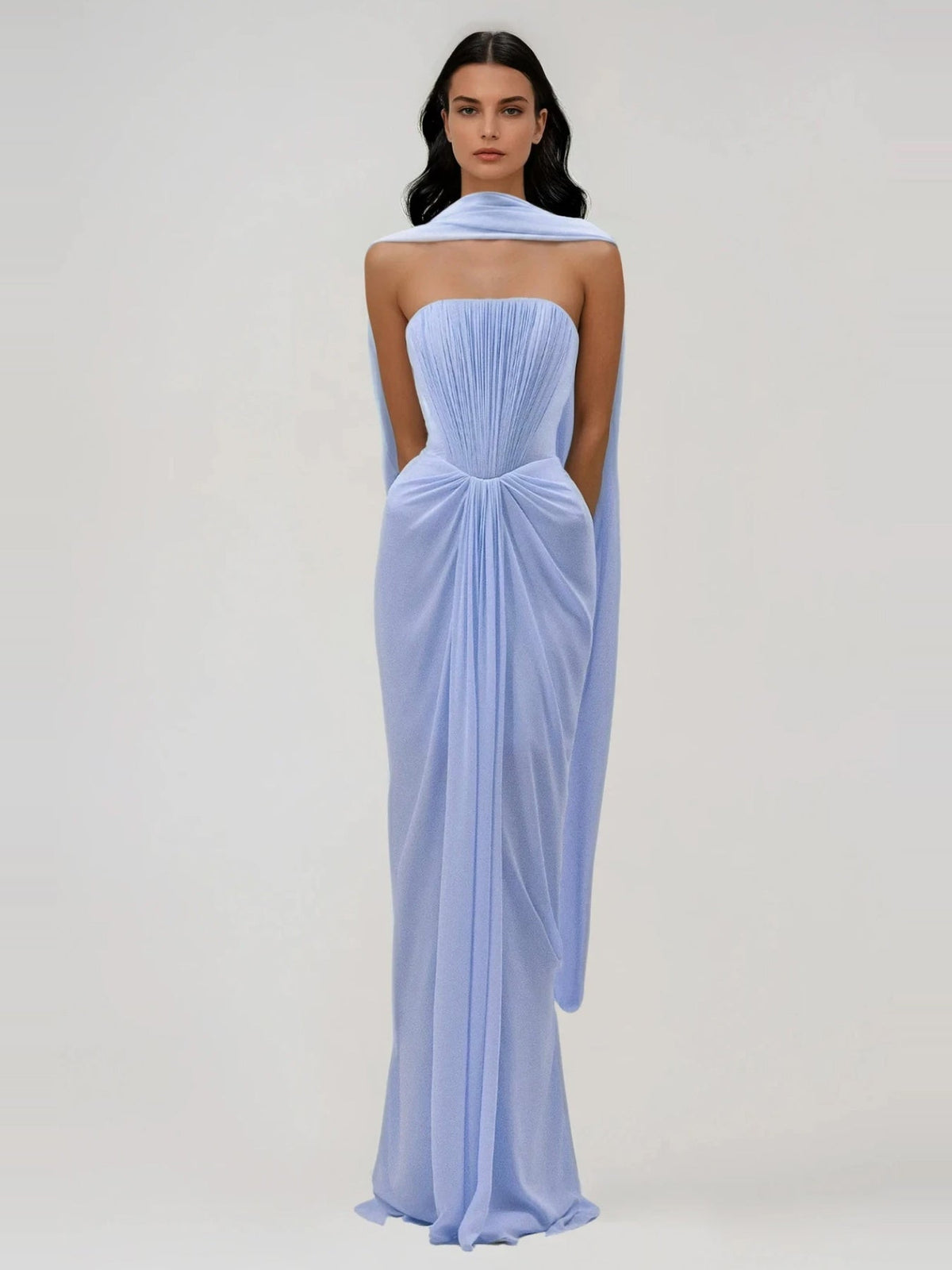 Giosetta Strapless Mesh Shawl Draped Maxi Dress — Svelte Chic