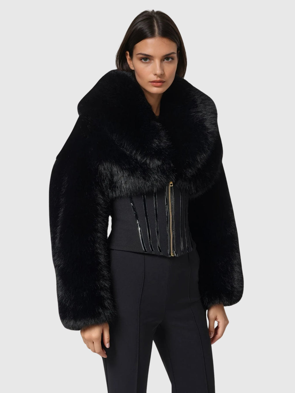 Davin Shawl Collar Corset Faux Fur Jacket - Black — Svelte Chic