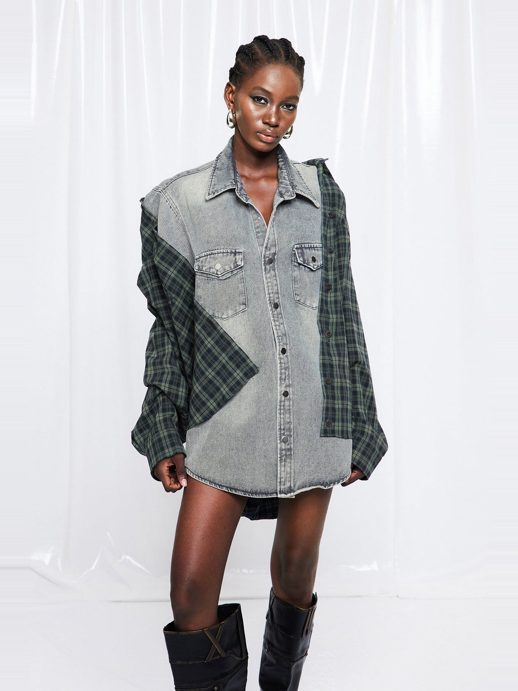 Friedrich Plaid Panel Oversized Denim Jacket - Grey — Svelte Chic