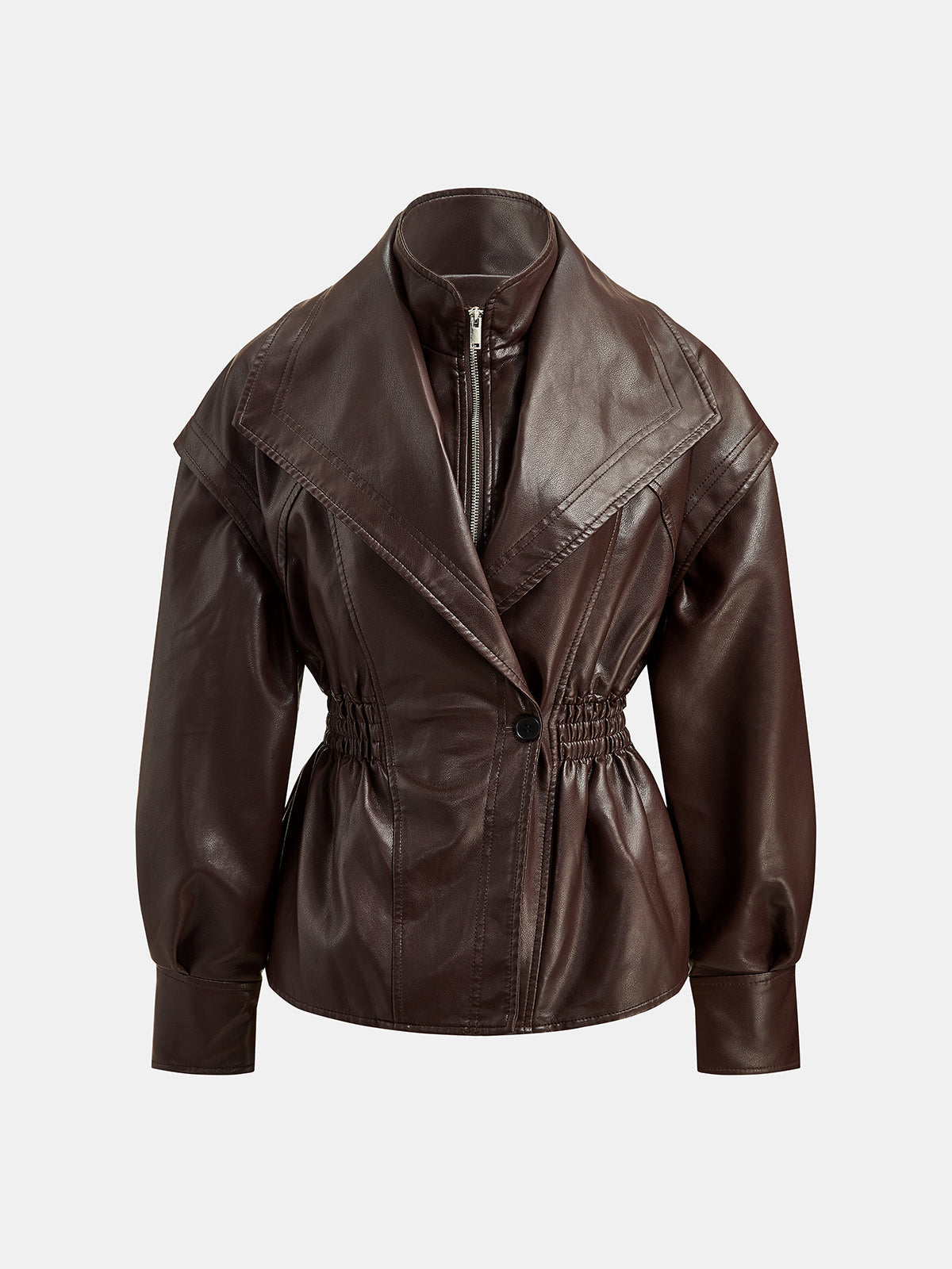Cinched Waist Wide Lapel Faux Leather Jacket - Dark Brown — Svelte Chic
