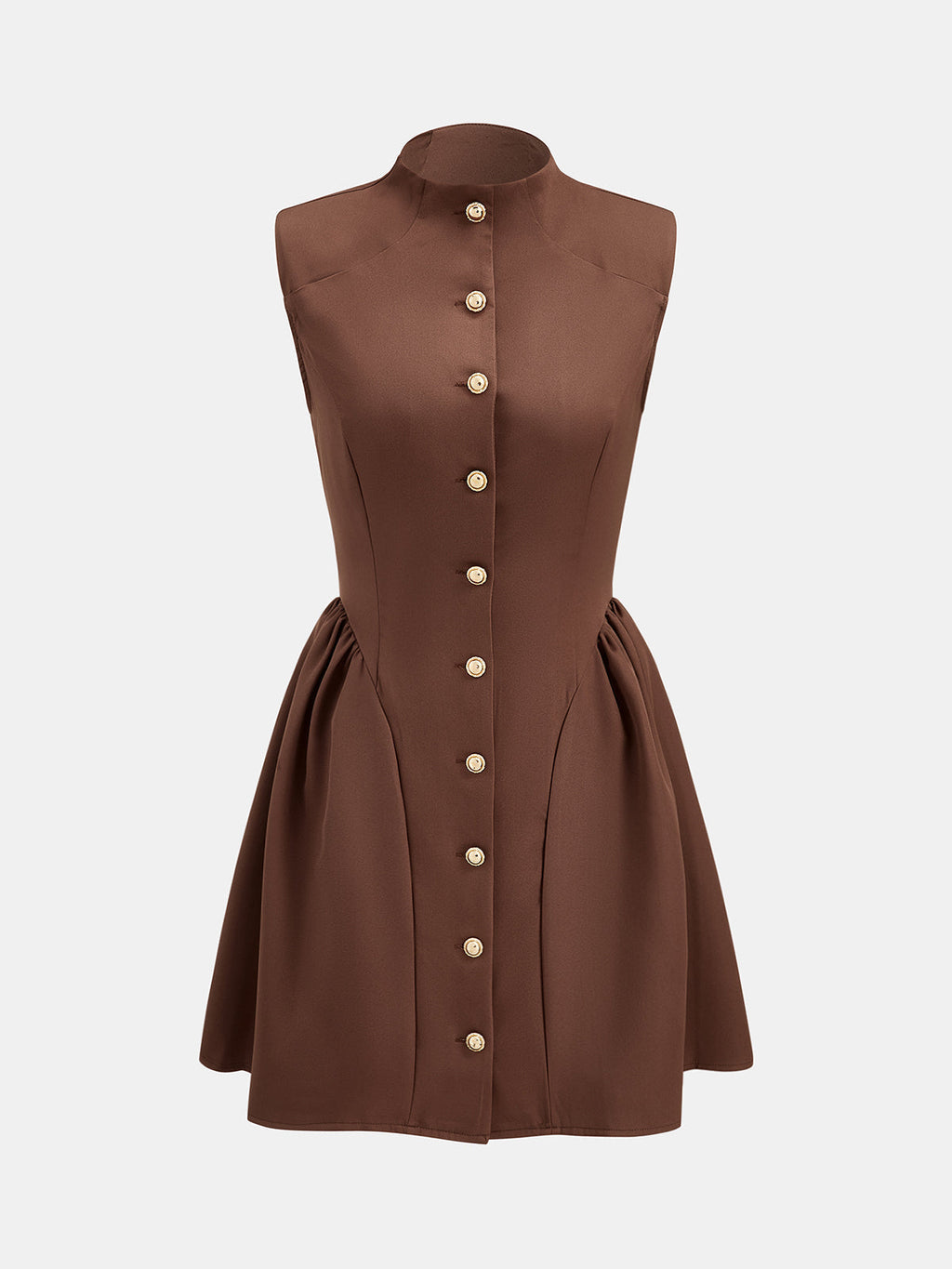 Stand Collar Metal Button Flared Mini Dress - Chocolate — Svelte Chic