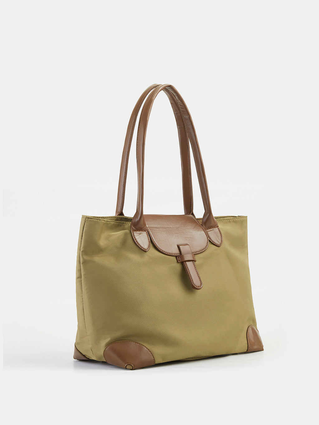 Faux Leather Trim Nylon Tote Shoulder Bag - Khaki — Svelte Chic