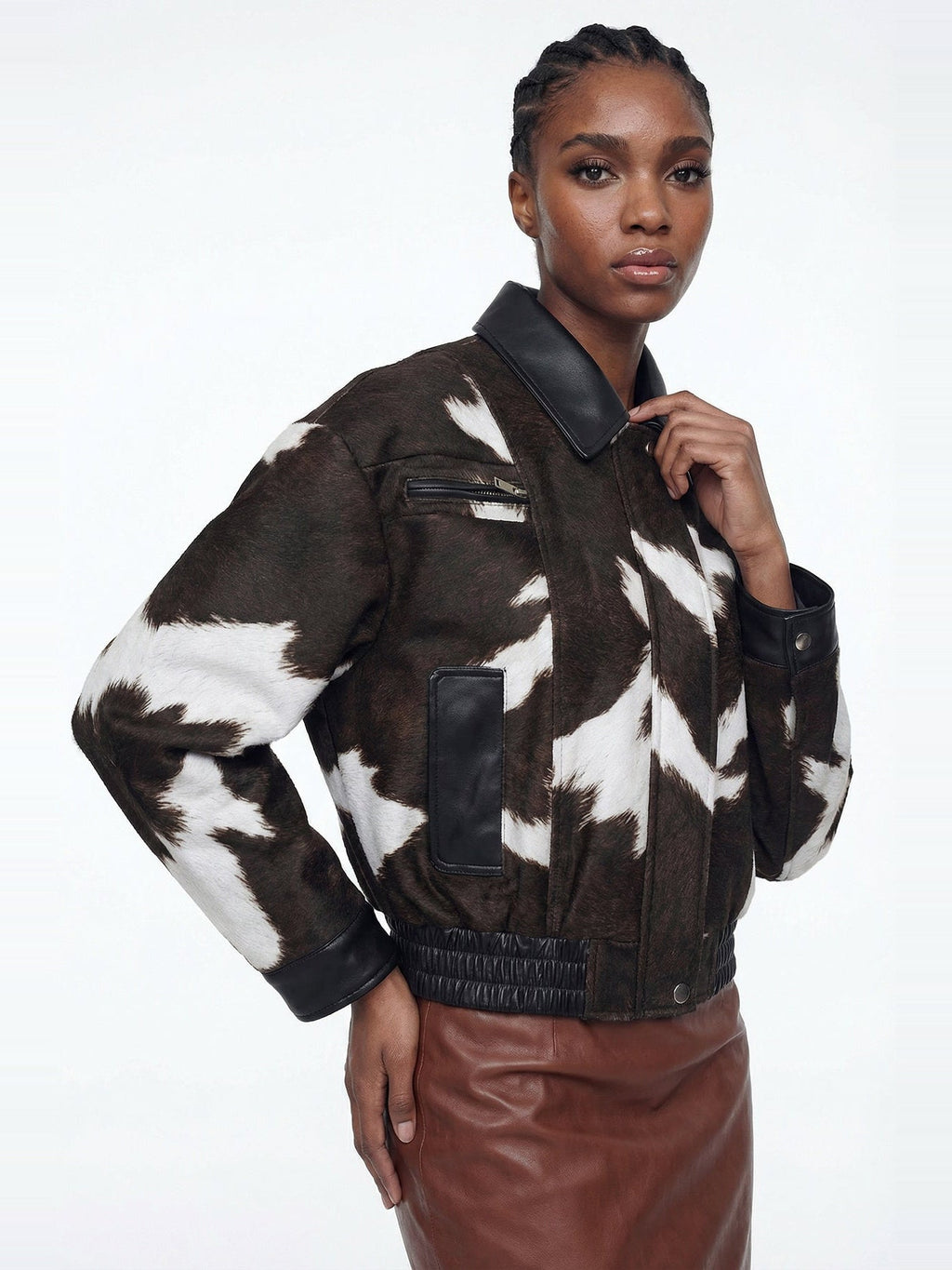 Elisabeta Cow Print Faux Leather Bomber Jacket - Brown — Svelte Chic