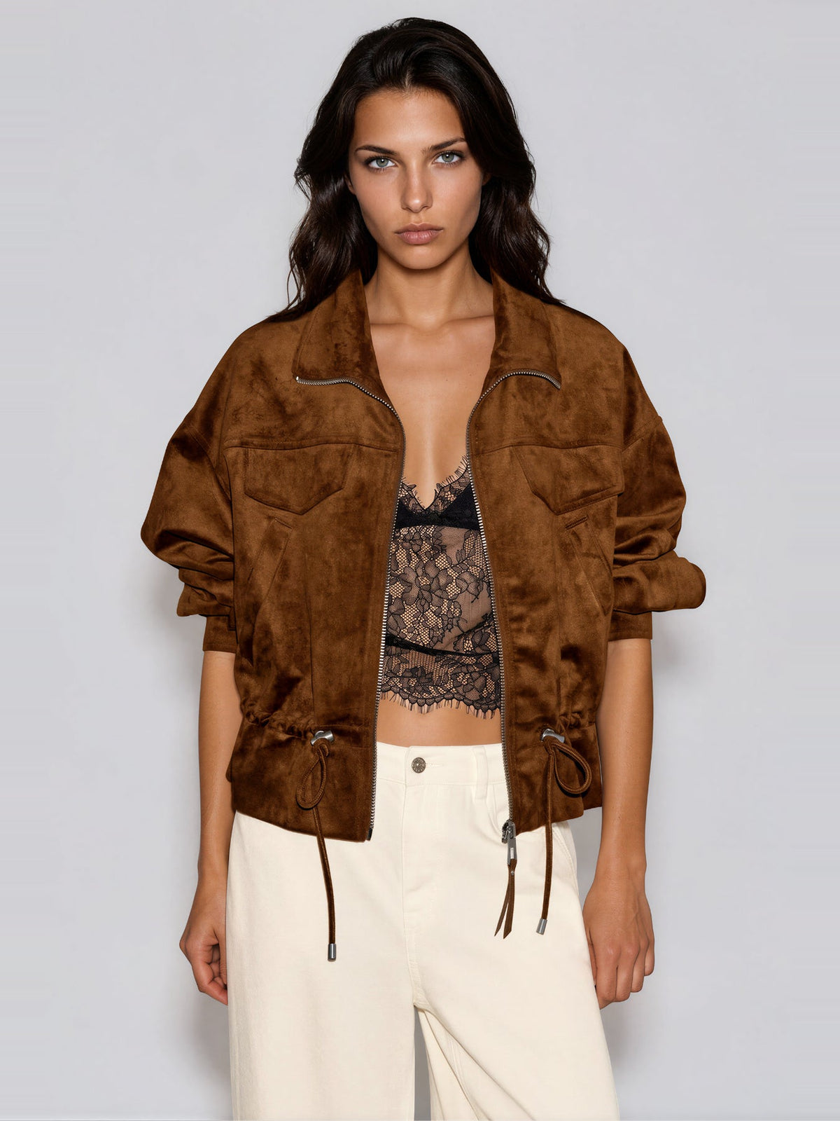 Ivah Suede-Look Drawstring Zip Jacket - Brown — Svelte Chic