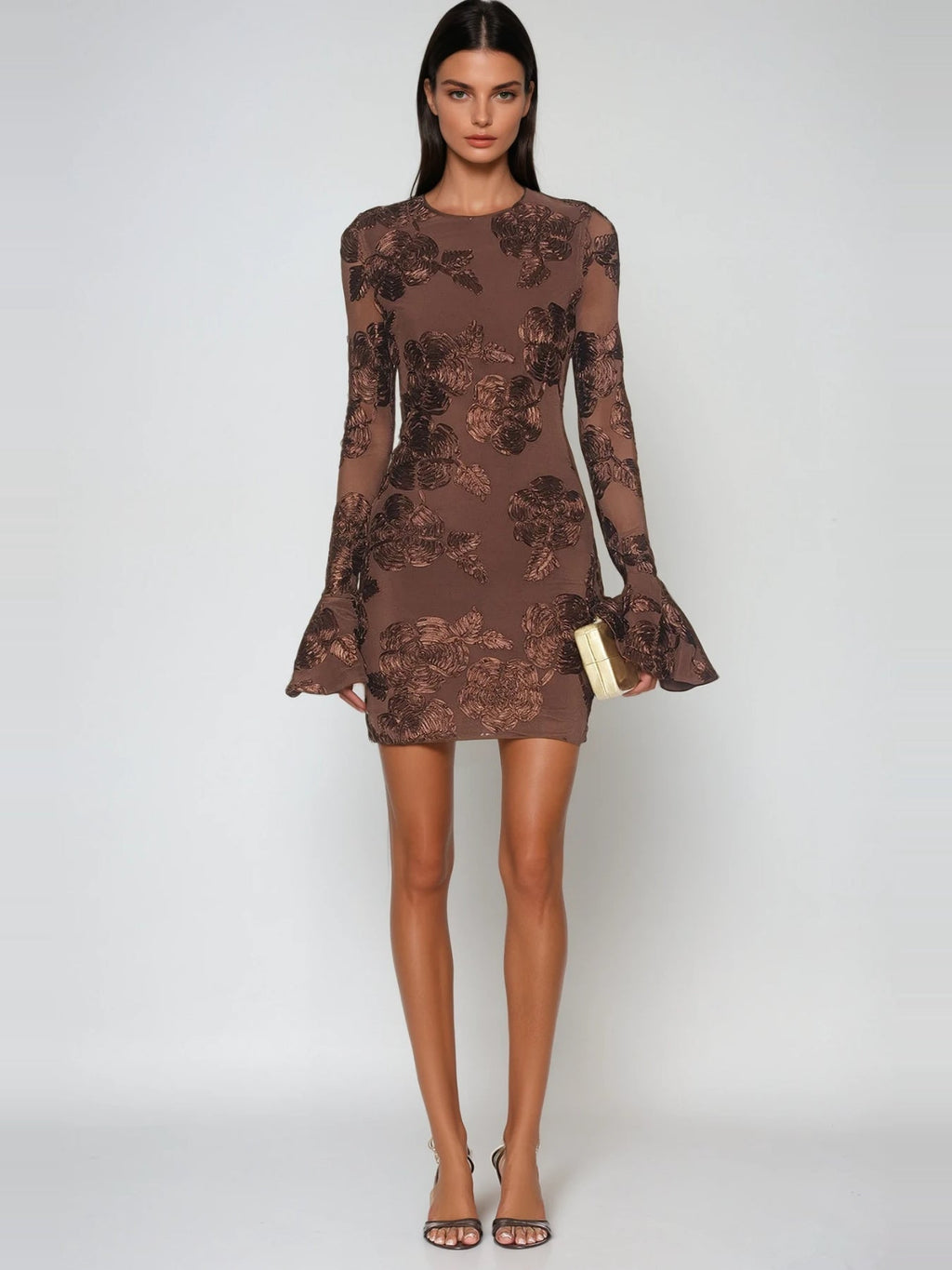 Farohildis Embroidered Floral Flute Sleeve Mesh Mini Dress — Svelte Chic