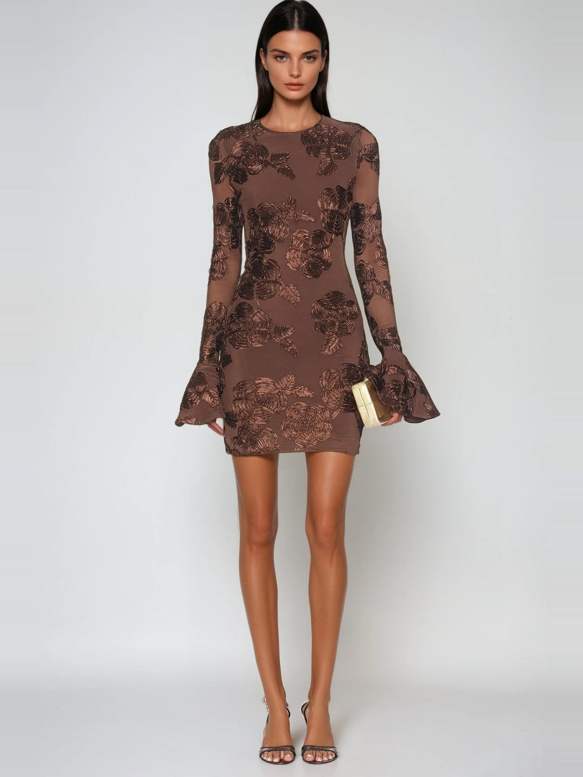 Farohildis Embroidered Floral Flute Sleeve Mesh Mini Dress — Svelte Chic