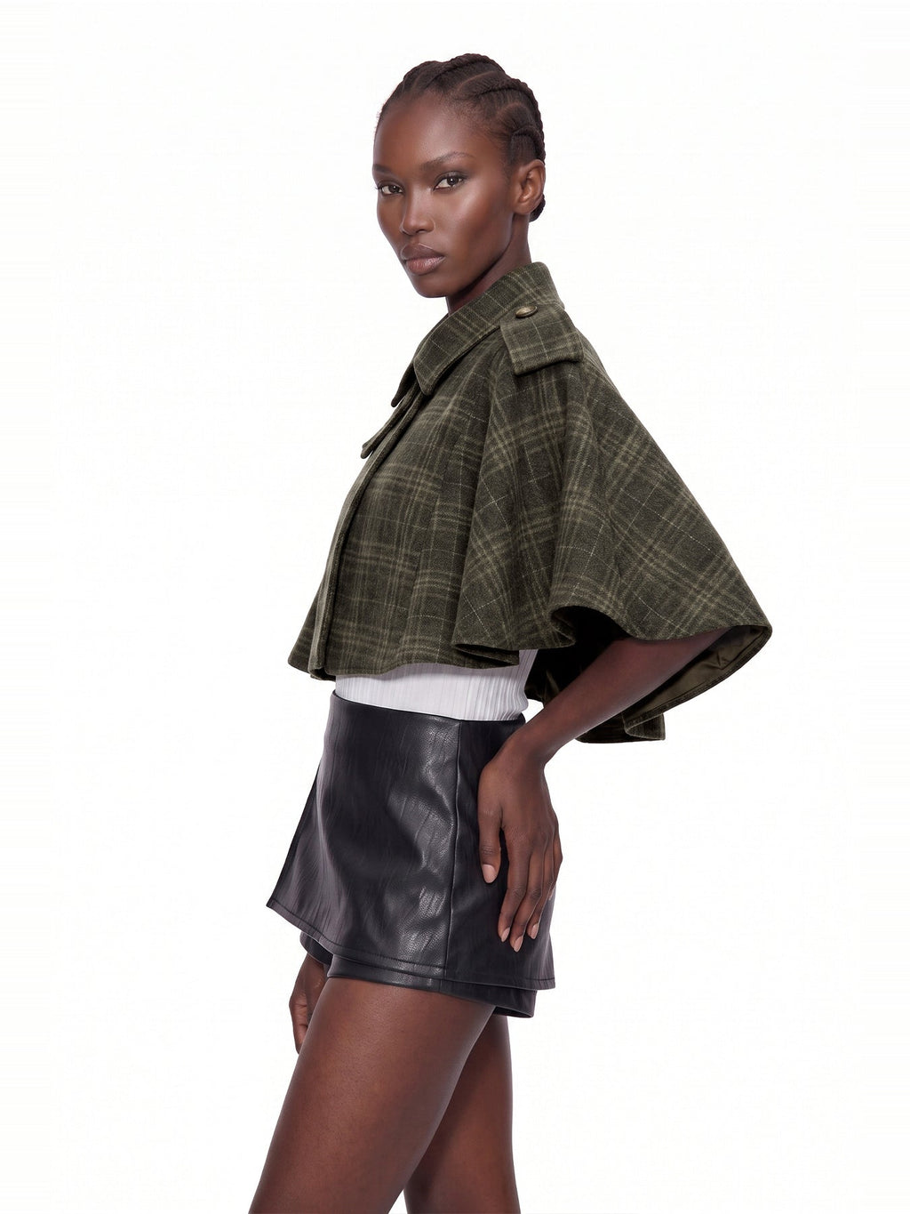 Kert Stand Collar Checked Cape Jacket - Khaki — Svelte Chic
