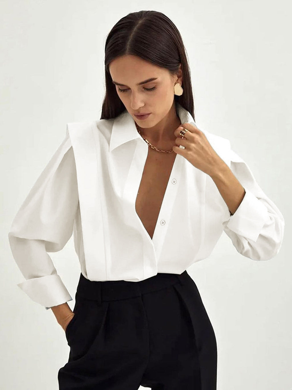 Oversized Wide Collar Pleated Shoulder Cotton Shirt — Svelte Chic