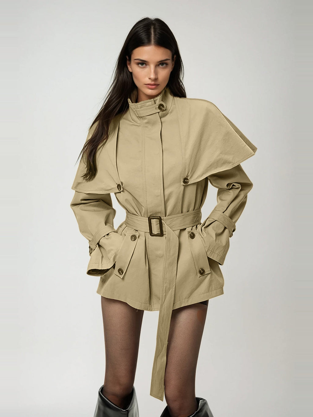 Davide Caped-Shoulder Belted Short Trench Coat - Khaki