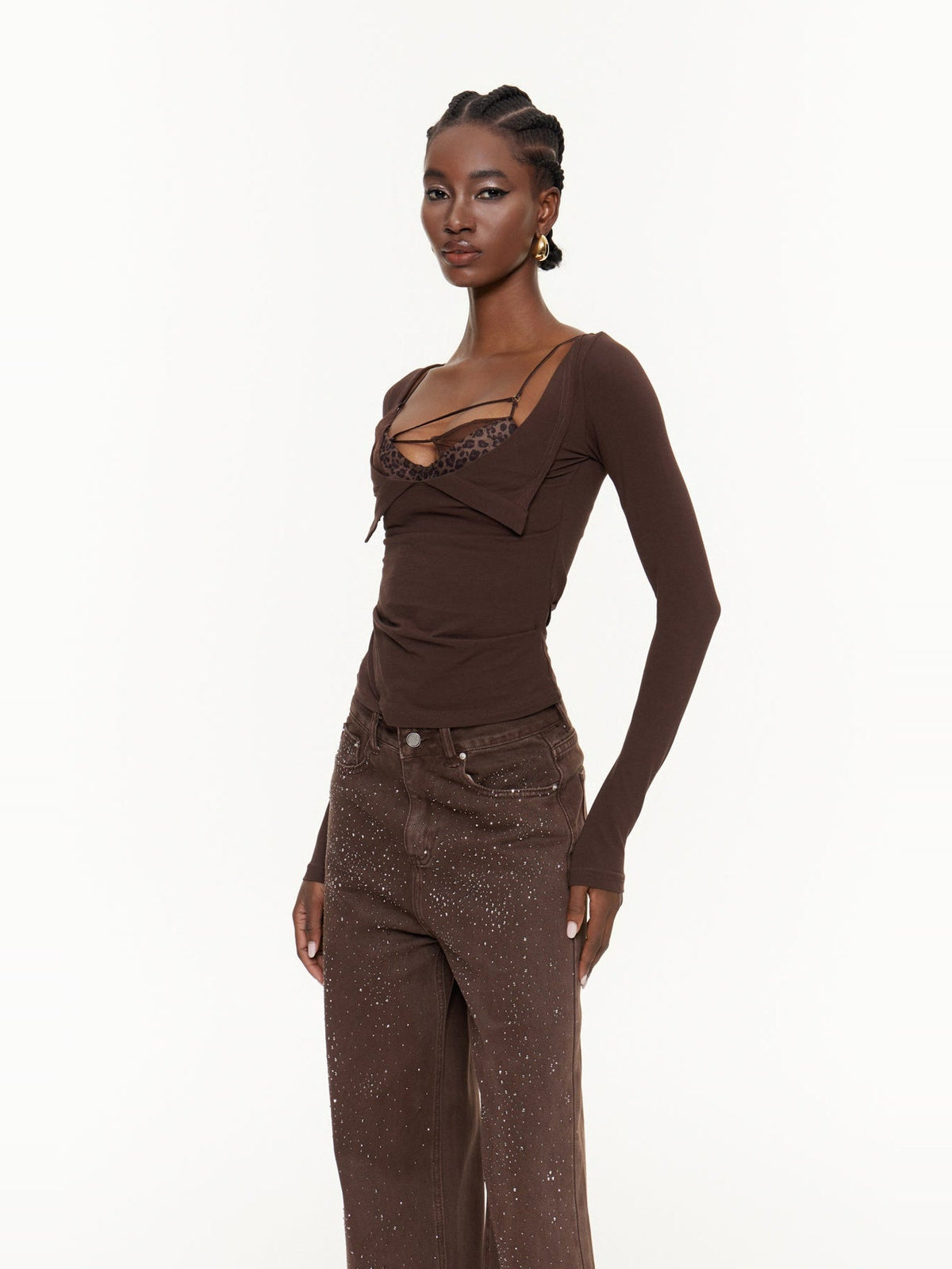 Eideard Leopard Lace Detail Long Sleeve Top - Chocolate — Svelte Chic
