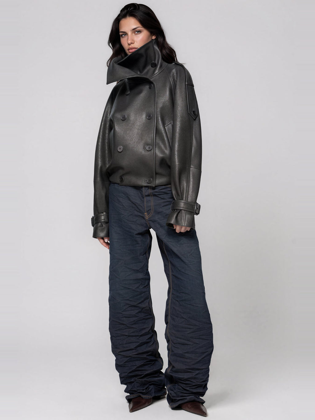 Khan Funnel Neck Leather-Look Double-Breasted Jacket - Grey — Svelte Chic