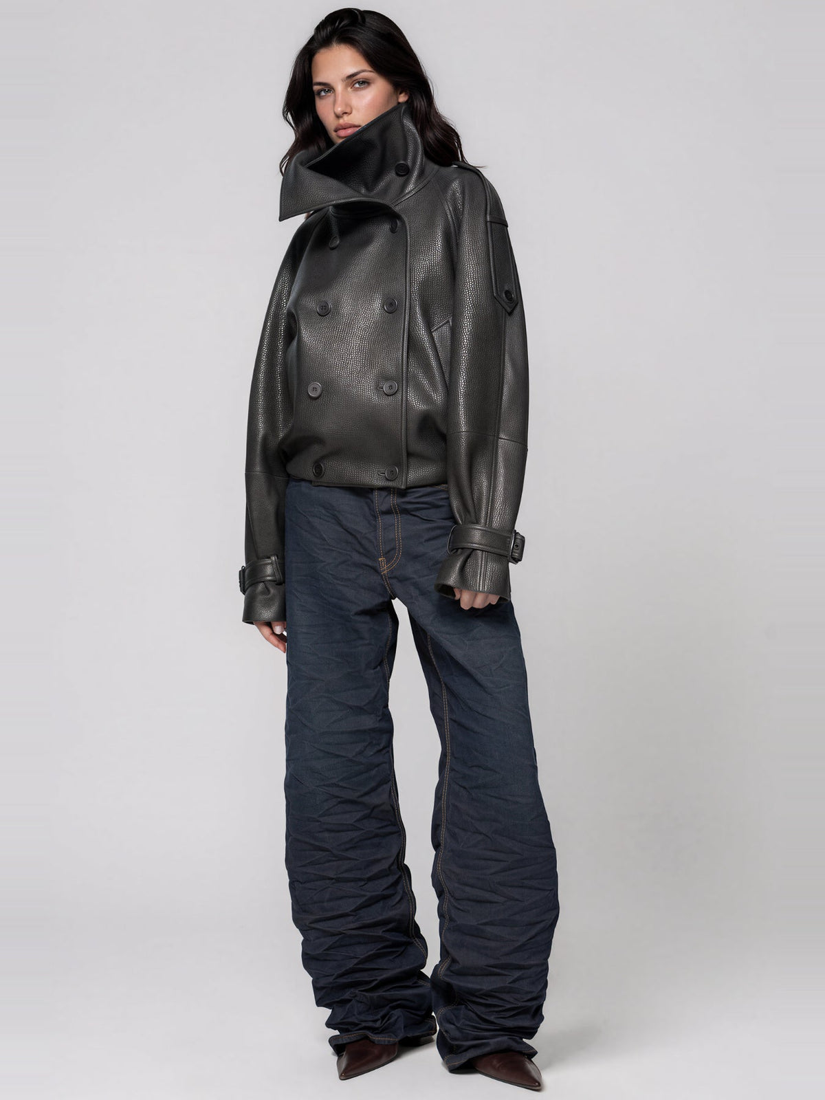 Khan Funnel Neck Leather-Look Double-Breasted Jacket - Grey — Svelte Chic