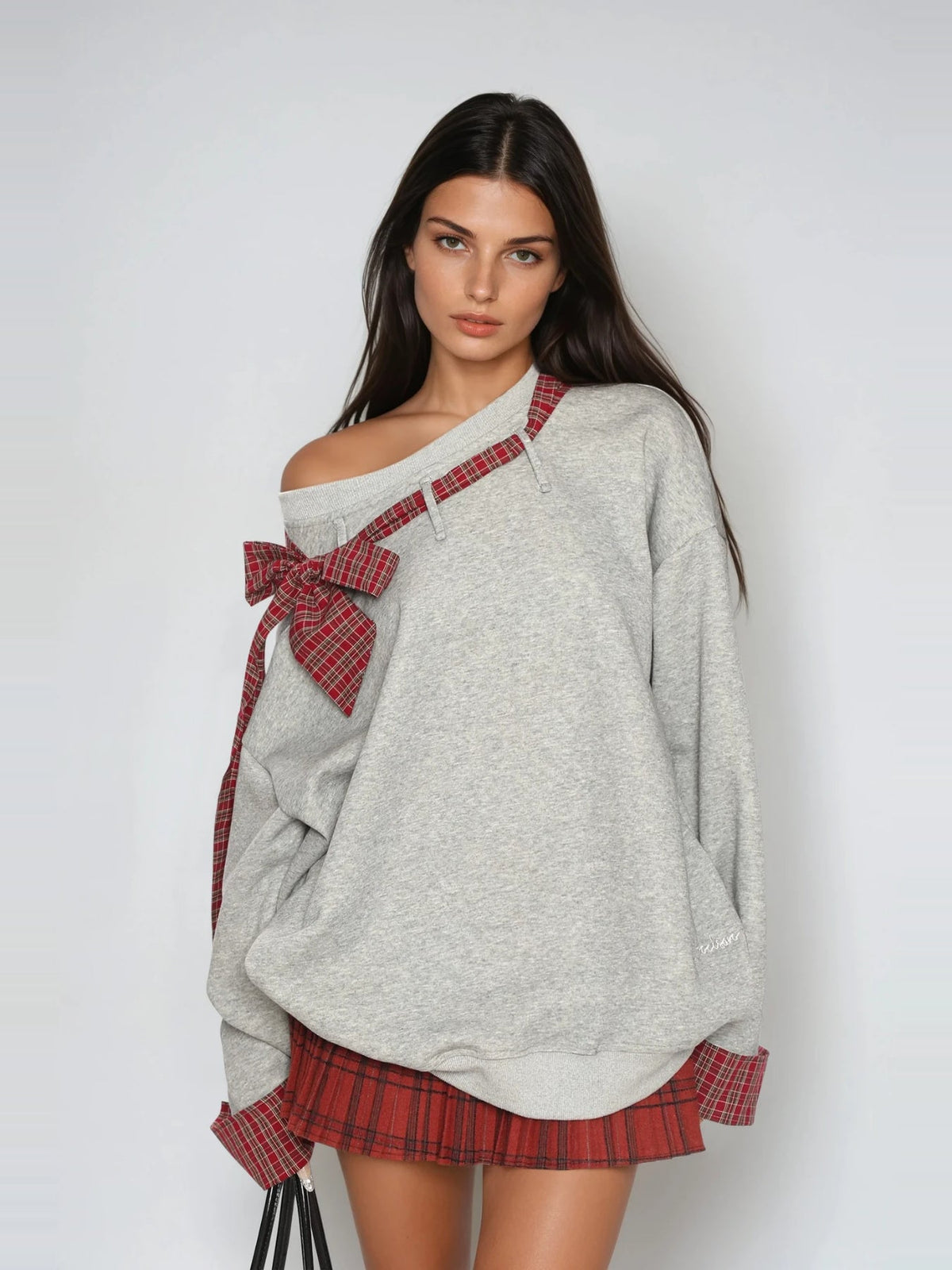 Derrick Plaid Bow Asymmetric Neck Oversized Top - Grey — Svelte Chic