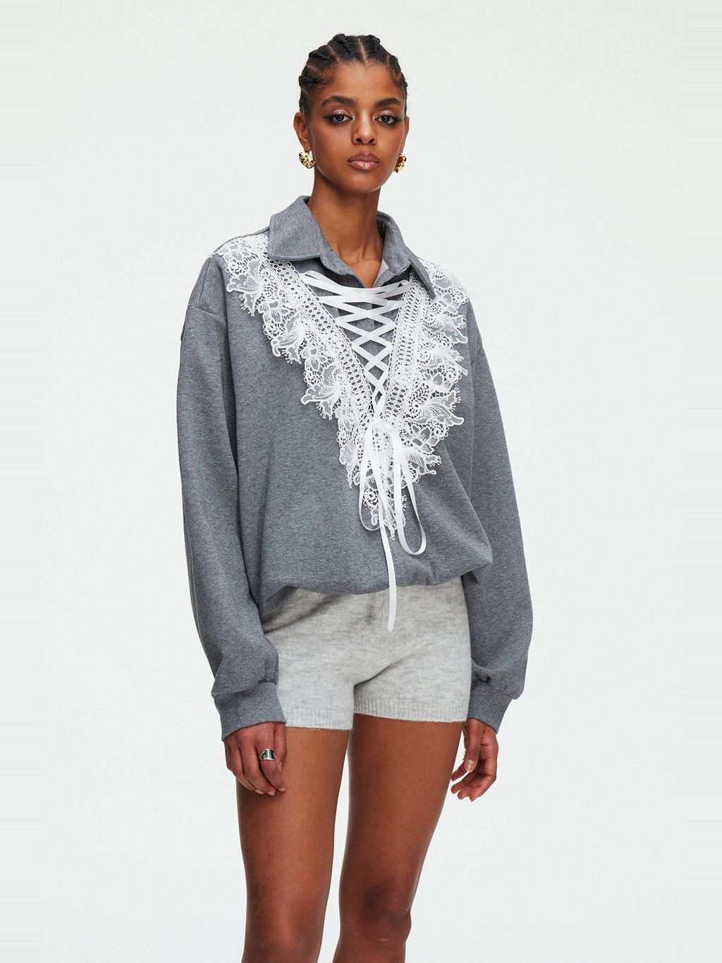 Madlenka Lace Tie-Front Collared Oversized Top - Grey — Svelte Chic
