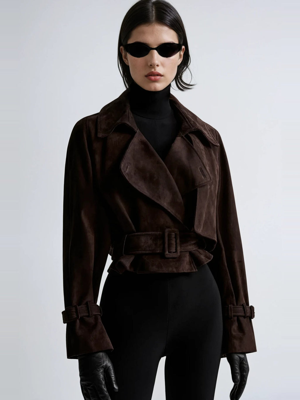 Chioma Wide-Lapel Buckled Suede Jacket - Chocolate — Svelte Chic